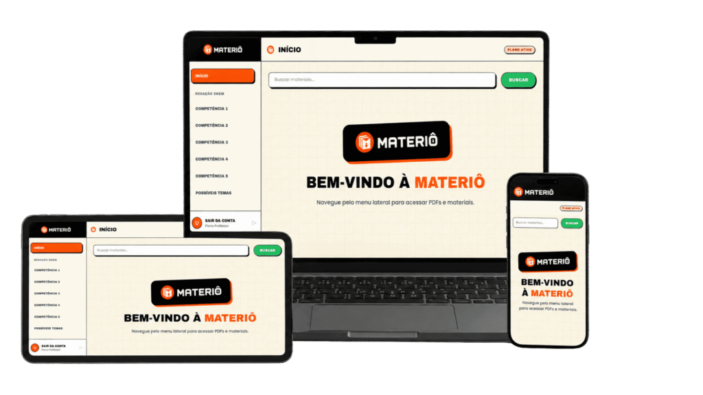 Plataforma Materiô aberta no notebook, tablet e celular, mostrando o acervo de materiais de Redação ENEM