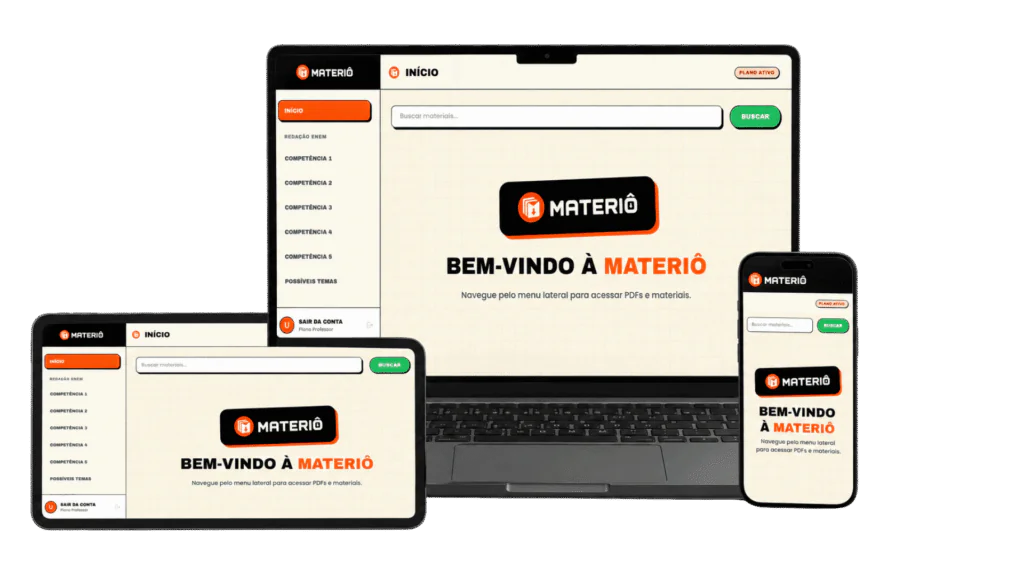 Plataforma Materiô aberta no notebook, tablet e celular, mostrando o acervo de materiais de Redação ENEM