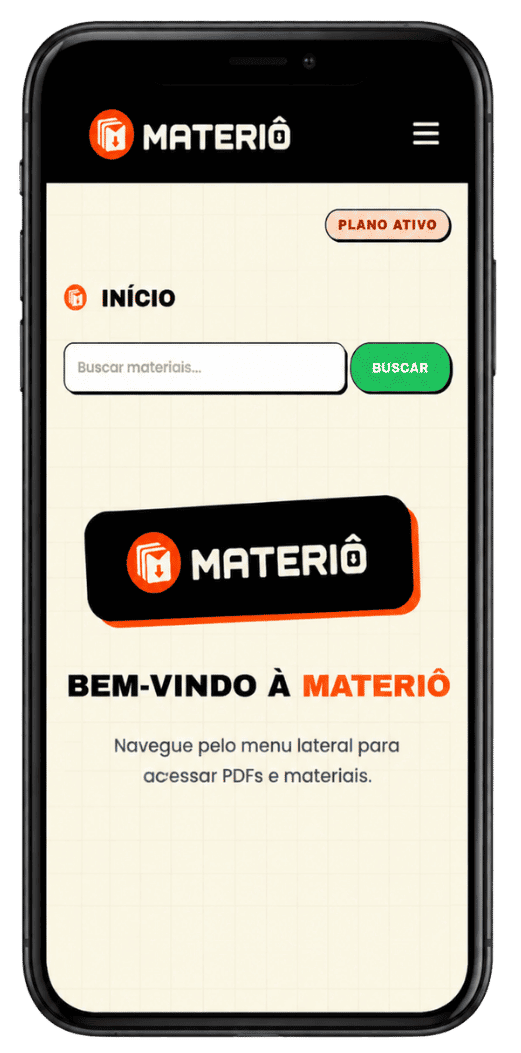 Plataforma Materiô aberta no celular, com busca e acesso aos PDFs dos materiais