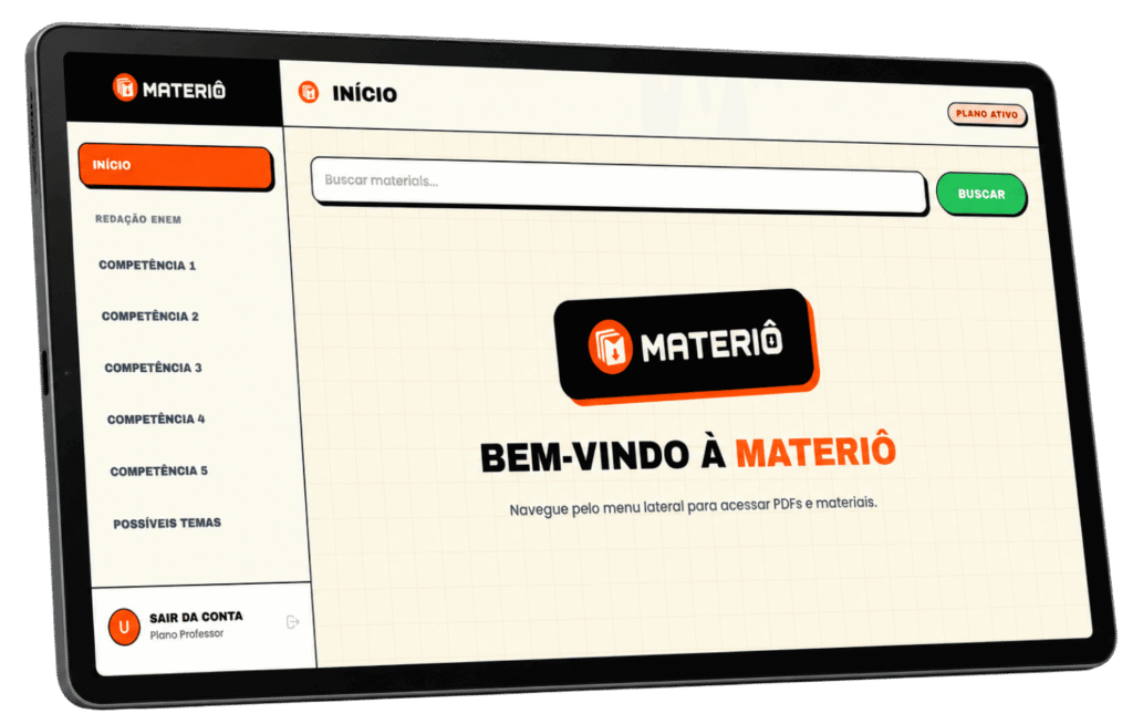 Tela da plataforma Materiô no tablet com menu lateral por competência do ENEM e campo de busca