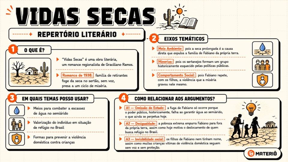 Flashcard de repertório da Materiô sobre Vidas Secas, com eixos temáticos, temas de aplicação e relação com os argumentos da redação