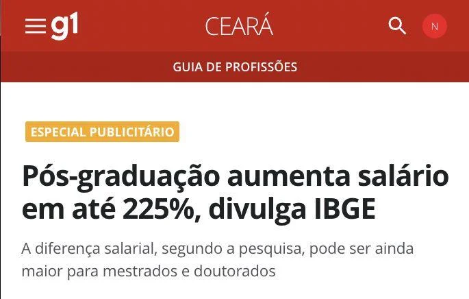 Print do g1: Pós-graduação aumenta salário em até 225%, divulga IBGE