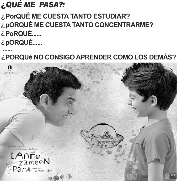 Cartaz de Como estrellas en la tierra: perguntas de uma criança sobre estudar, concentrar-se e aprender, acima de imagens de um adulto e de um menino.