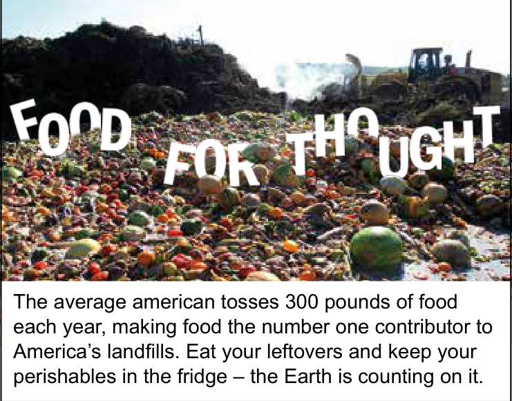 Cartaz Food for Thought, com um monte de alimentos descartados e a recomendação de comer sobras e refrigerar alimentos perecíveis.
