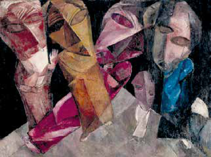 Pintura Eternos caminhantes, de Lasar Segall, com figuras humanas agrupadas, formas angulosas e áreas de cor que compõem uma representação não naturalista.