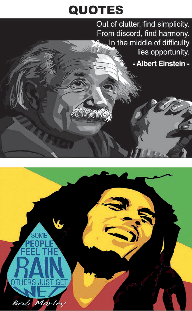 Composição com retratos de Albert Einstein e Bob Marley, acompanhados de citações em inglês sobre dificuldade, oportunidade e diferentes experiências da chuva.