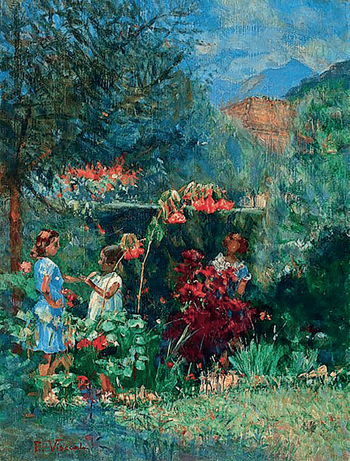 Pintura Três meninas no jardim, de Eliseu Visconti, com três figuras infantis em meio a vegetação e flores, construída por variações de luz, cor e pinceladas aparentes.
