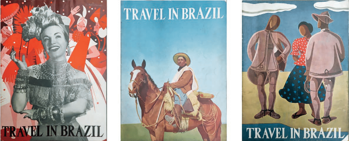Três capas da revista Travel in Brazil: uma mulher com traje e adornos de festa, um homem a cavalo e três figuras humanas em uma paisagem, com o título da revista em inglês.