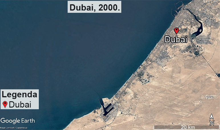 Imagem de satélite de Dubai em 2000, com faixa costeira e uma extensa área de deserto, além da legenda de localização e da escala de 20 quilômetros.