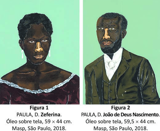 Dois retratos de Dalton Paula: Zeferina e João de Deus Nascimento. Legendas identificam os retratados, técnica óleo sobre tela, dimensões, Masp, São Paulo e ano 2018.