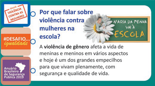Material sobre violência contra mulheres, com a pergunta “Por que falar sobre violência contra mulheres na escola?”, o quadro “Maria da Penha vai à escola” e referências a publicações sobre o tema.