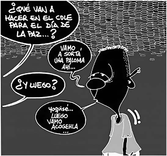 Charge de J. Morgan. Um interlocutor pergunta o que farão na escola para o Dia da Paz. Um jovem responde com grafias que representam sua fala, como Vamo a sortá una paloma ahí. O diálogo continua com uma pergunta sobre o que farão depois e a resposta do jovem.