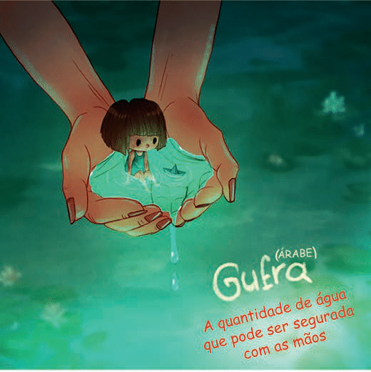 Ilustração de mãos em concha segurando água, uma pequena figura humana e um barco. Aparecem a palavra Gufra, a indicação árabe e sua definição.