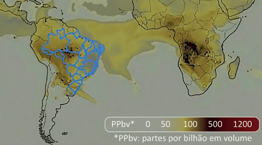 Mapa da América do Sul, Oceano Atlântico e África com manchas de concentração de CO₂ e uma escala de zero a 1 200 partes por bilhão em volume.