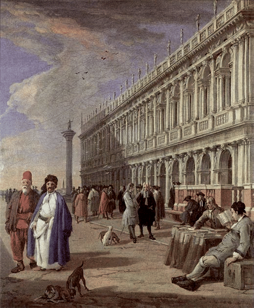 Detalhe de La piazetta, de Carlevaris: praça veneziana com pessoas, bancas e edifícios; duas figuras no primeiro plano usam túnicas e coberturas de cabeça distintas das roupas de outras pessoas.