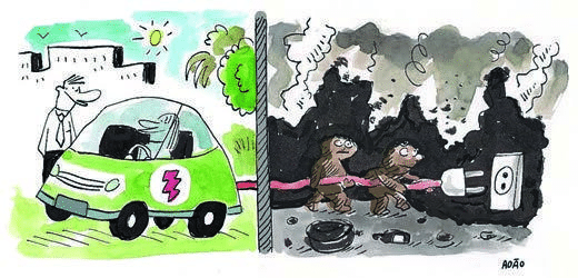 Charge de Adão: à esquerda, um carro verde e duas pessoas sob um sol, com árvores ao redor; à direita, duas pessoas seguram um cabo diante de um plugue e uma tomada, entre fumaça e silhuetas escuras.