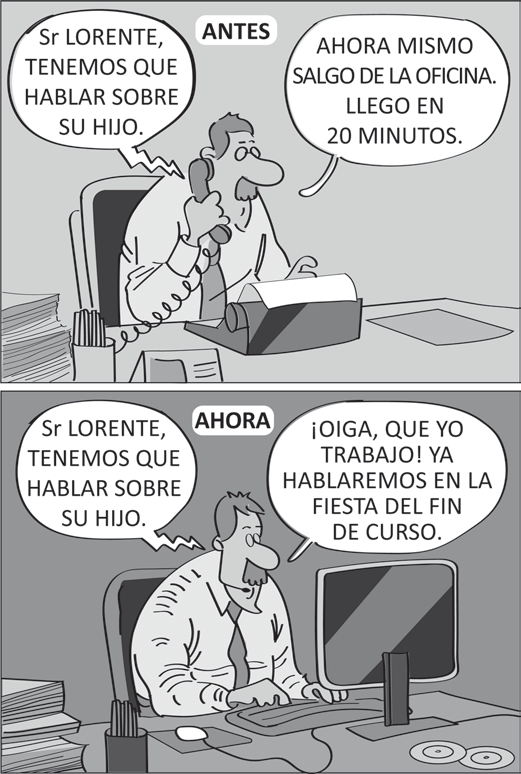 Tirinha de Puebla com dois momentos. Antes, o responsável deixa o escritório para atender à escola. Agora, diz que trabalha e adia a conversa sobre o filho para a festa de fim de curso.