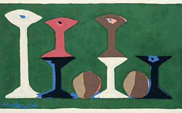 Carretéis 4, de Iberê Camargo: formas simplificadas semelhantes a carretéis, verticais e arredondadas, em branco, vermelho, marrom e azul-escuro sobre fundo verde.