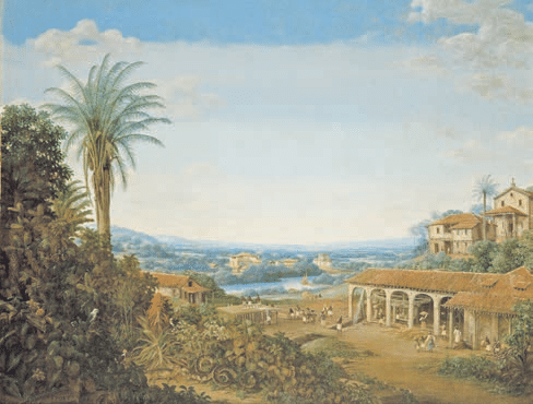Paisagem de Frans Post com vegetação densa no primeiro plano, edificações rurais, áreas de cultivo e água ao fundo.