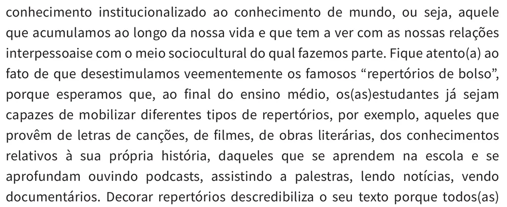 Trecho da cartilha sobre repertório vindo de canções, filmes, podcasts e da própria história do estudante