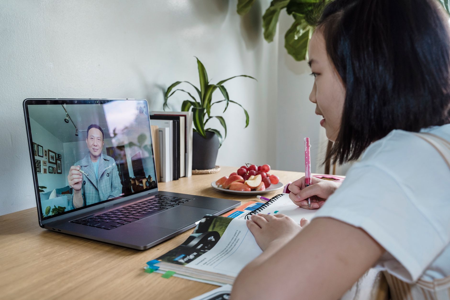 a girl attending an online class