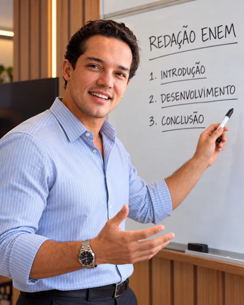 Profinho explicando a estrutura da redação ENEM no quadro