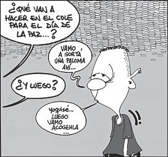 Charge de J. Morgan: um jovem responde a duas perguntas sobre o que farão na escola no Dia da Paz. A transcrição completa dos quatro balões está disponível a seguir.