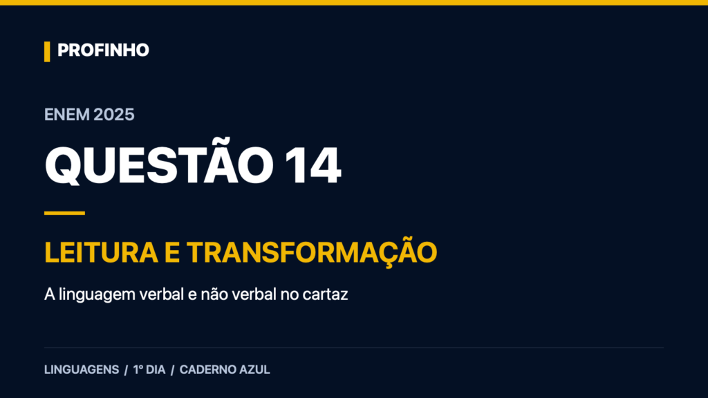 Questão 14 do Enem 2025: leitura e transformação — linguagem verbal e não verbal no cartaz.